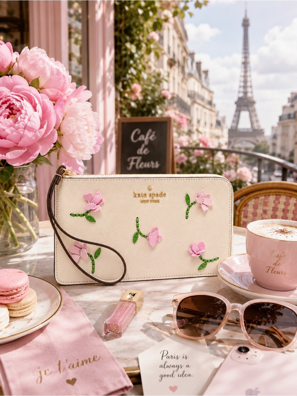 Kate Spade Meringue Lucy Floral Appliqué L Shaped Medium Wristlet NWT MSRP $179